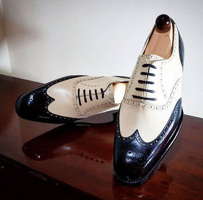 Two Tone Black White Handmade Men Oxford Wing Tip Formal Dress Classical Shoes