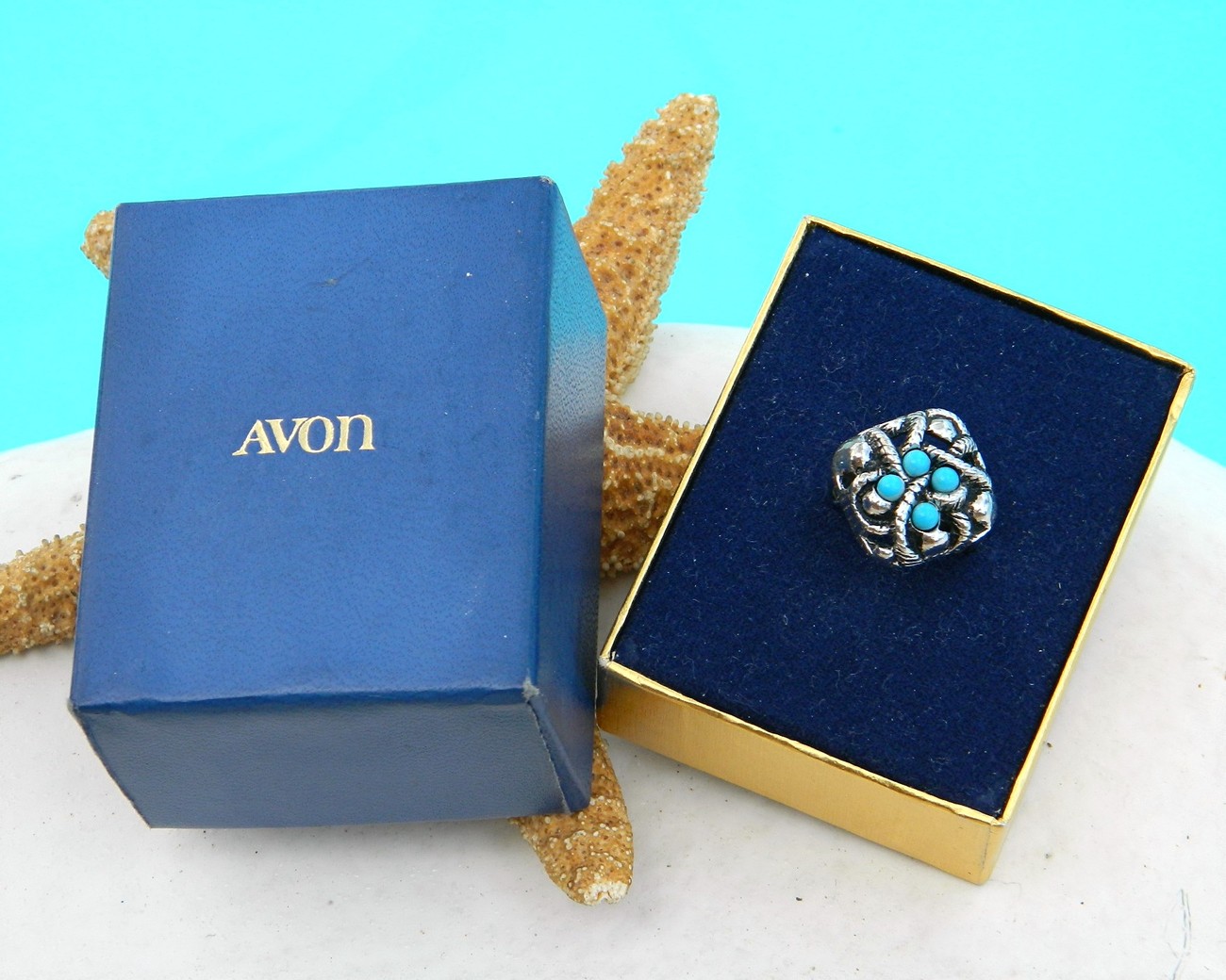 Vintage 1973 Avon Ring Sierra Faux Turquoise Silver Original Box - Rings