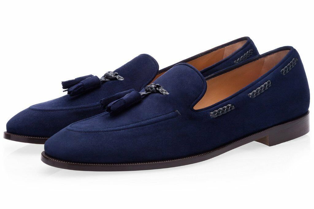 Men's Navy Blue Tassel Loafer Slip On Rounded Toe Suede Leather Shoes ...