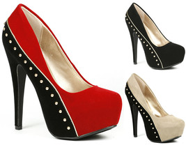Two Tone Faux Suede Studded Almond Toe High Heel Platform Pump Qupid Penelope-68 - $9.99