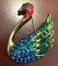 NEW Fashion Jewelry Animal Swan Brooch Pin Gold Tone Blue Red Green Rhinestone - $16.99