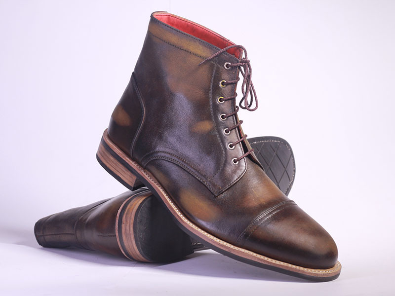 Handmade Brown Leather Round Toe Lace Up Boots, Men Designer Boots - Men