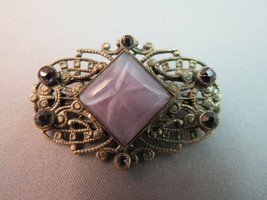 VTG Art Nouveau Style Brooch Purple Glass Star Rhinestones Silver Gray Filigree - $32.66