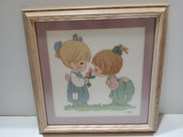 Precious Moments Girls Smelling Flowers Completed Framed Cross Stitch 12x12 Mat - $27.71
