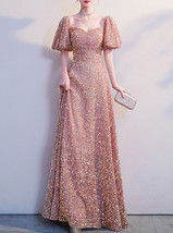 BLUSH PINK Sequin Midi Dress GOWNS Vintage Sleeved Wedding Party Sequin Dresses image 3