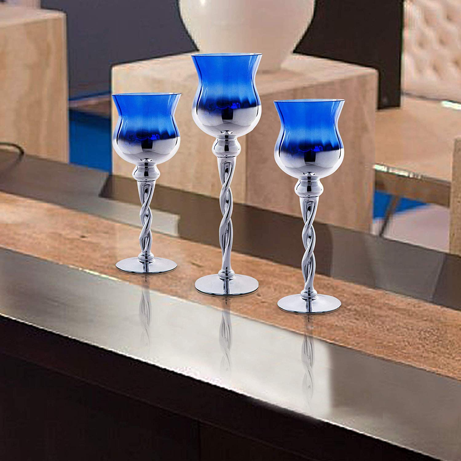 Tulip Hurricane Candle Holders Set Of 3 Blue And Silver Glass Twisted Long Stem Candles 3955