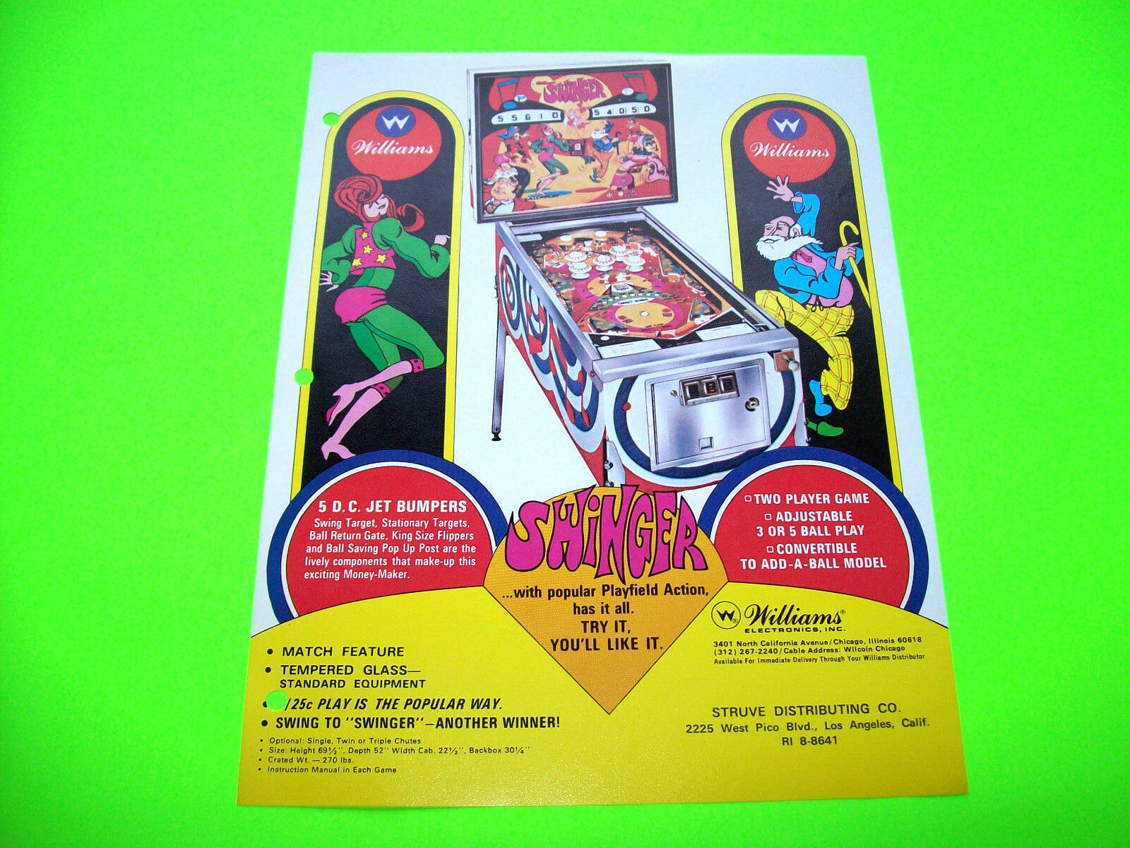 Williams SWINGER 1972 Original Flipper Game PINBALL MACHINE Promo Sales ...
