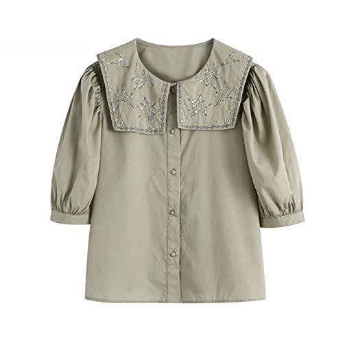 Vintage Turn Down Collar Floral Embroidery Smock Blouse Female Pleat Puff Sleeve