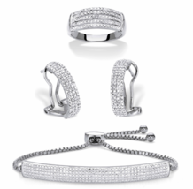 Diamond Accent Platinum 3 Piece Ring Demi Hoop Earrings Bolo Bracelet Set - $284.99