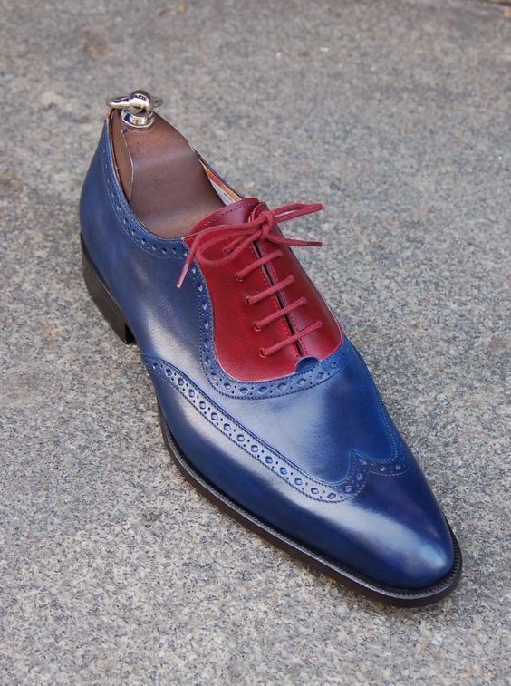 Made To Order Mens Oxford Blue Red Two Tone Wing Tip Lace Up Formal ...