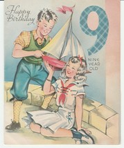 Vintage Birthday Card Boy and Girl with Sailboat 1940&#39;s Marchant 9 Years... - $8.90