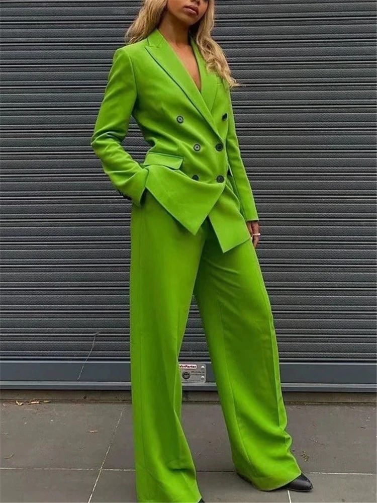 New green two-piece suit set double breasted long blazer and flare women pants