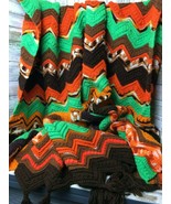 Fringed Afghan Green Brown Orange Colors 72&quot; x 72&quot; - $21.49