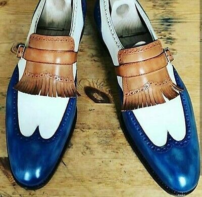 Genuine Leather Blue Brown White Three Tone Vintage Handmade Moccasin Men Shoes