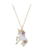 White Unicorn with Colorful Hair Goldplated Trim Necklace Pendant Jewelr... - $8.78