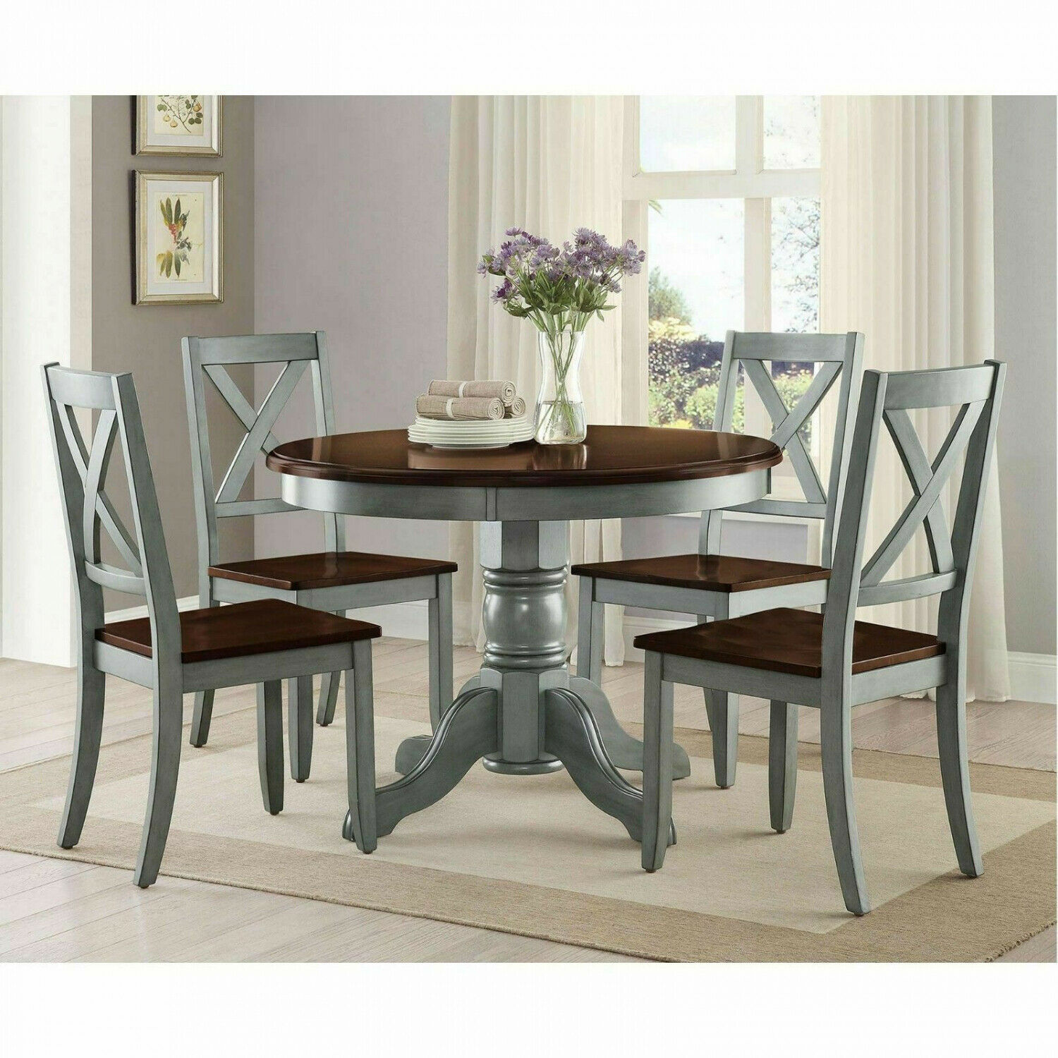 Round Dining Table Set 5Piece Farmhouse Rustic Kitchen Wood Tables and
