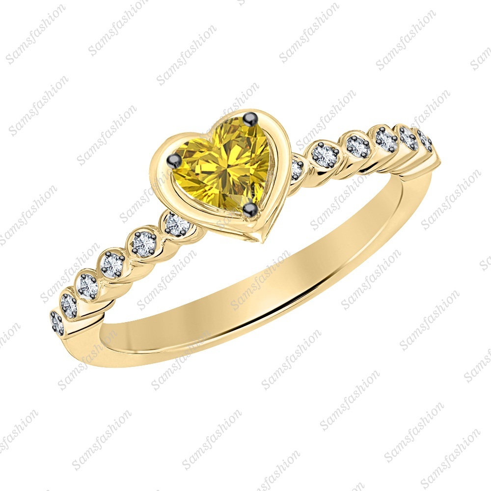 Women's Heart Yellow Sapphire & Dia 14k Yellow Gold Over 925 Wedding Band Ring
