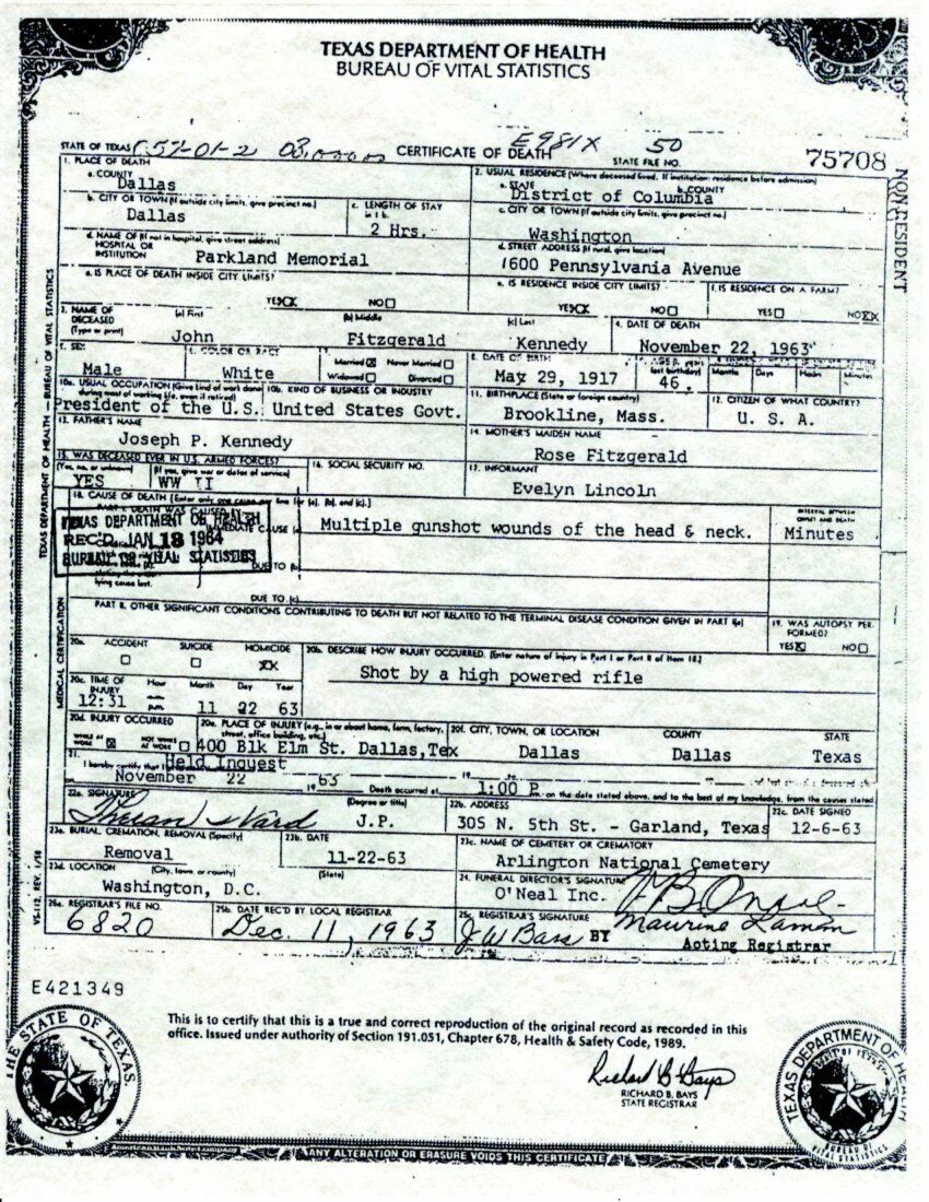 Jfk Death Certificate Reproduction - Presidential Candidates