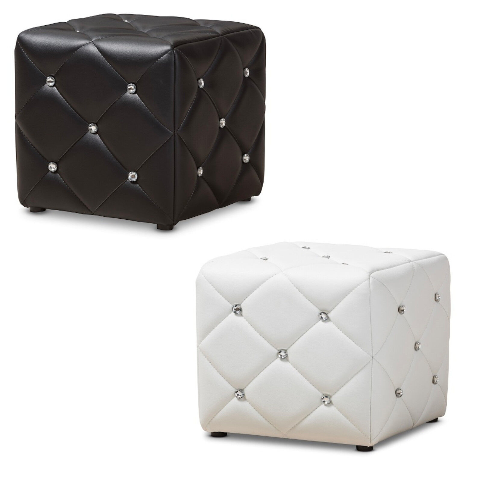 Black Or White Ottoman Modern Crystal Tufted Faux Leather Upholstered