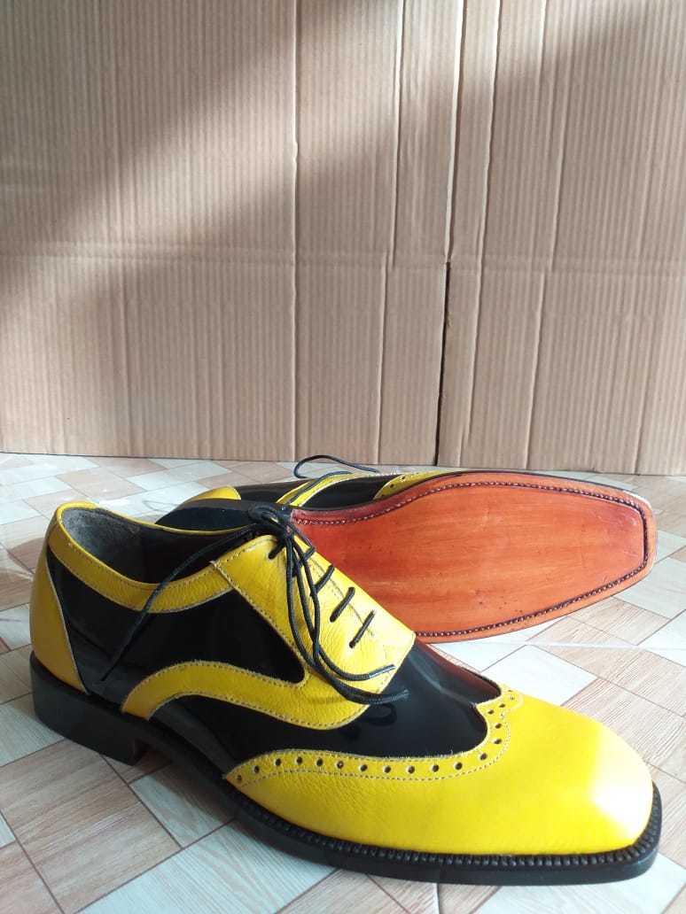 Bespoke Men's Yellow and Black Leather Lace-up Oxford Formal Dress Leather Shoes