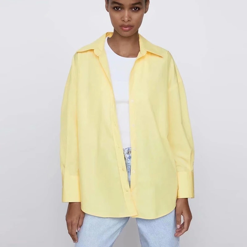 New yellow button down collar blouse long sleeve oversized casual women shirt