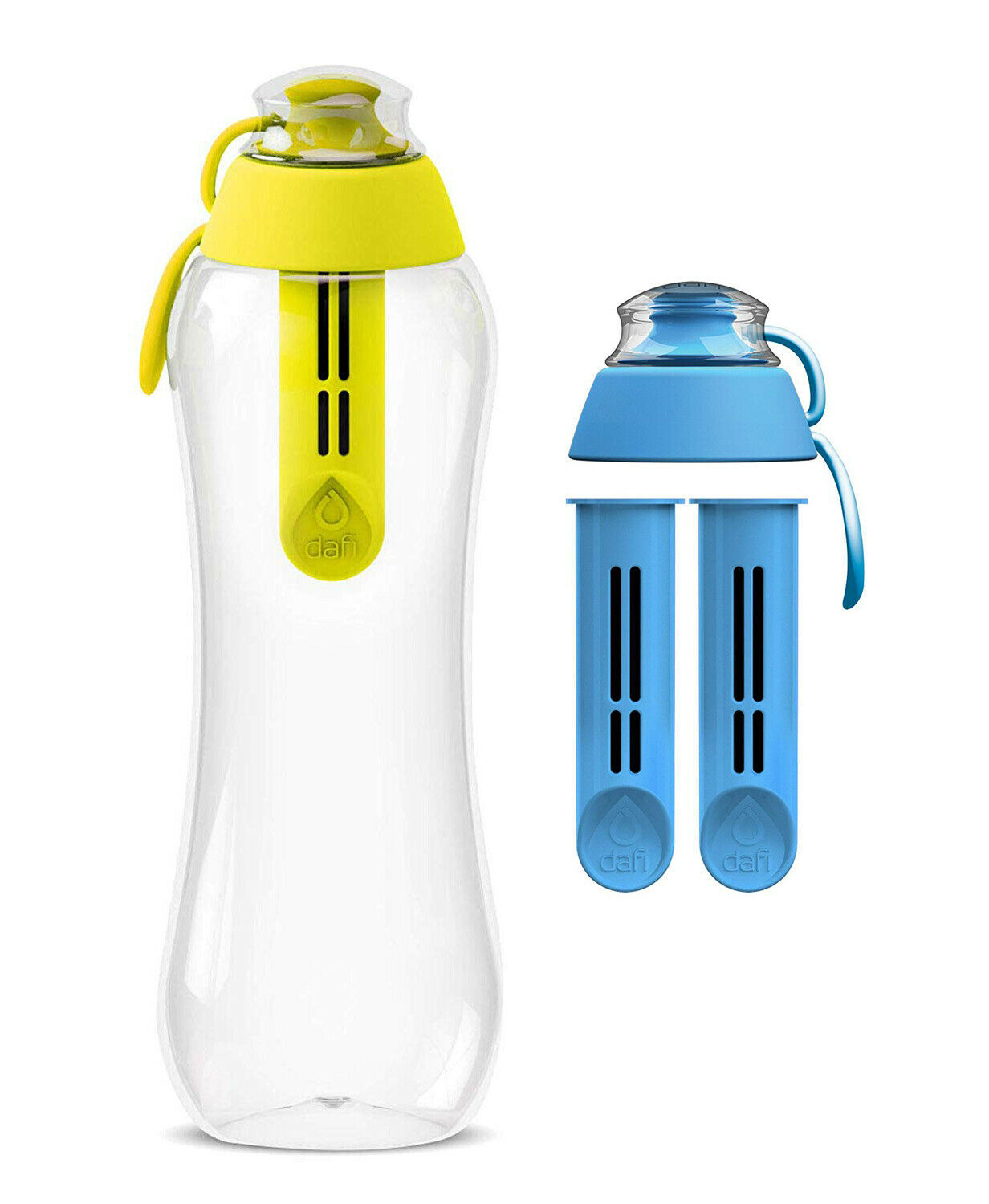 Dafi Filtering Water Bottle Yellow 17 oz + 2 Blue Filters + 1 Blue Cap BPA FREE