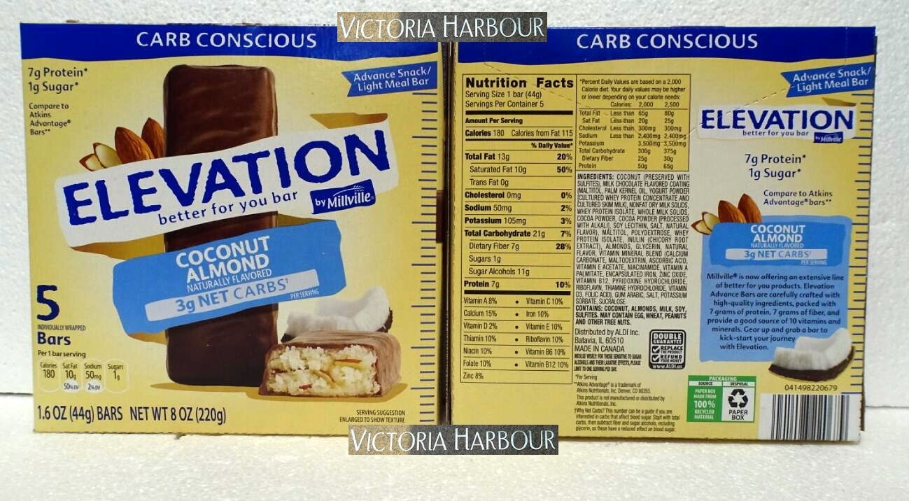Millville Elevation Protein Bars Carb Conscious Coconut Almond 220g 8oz