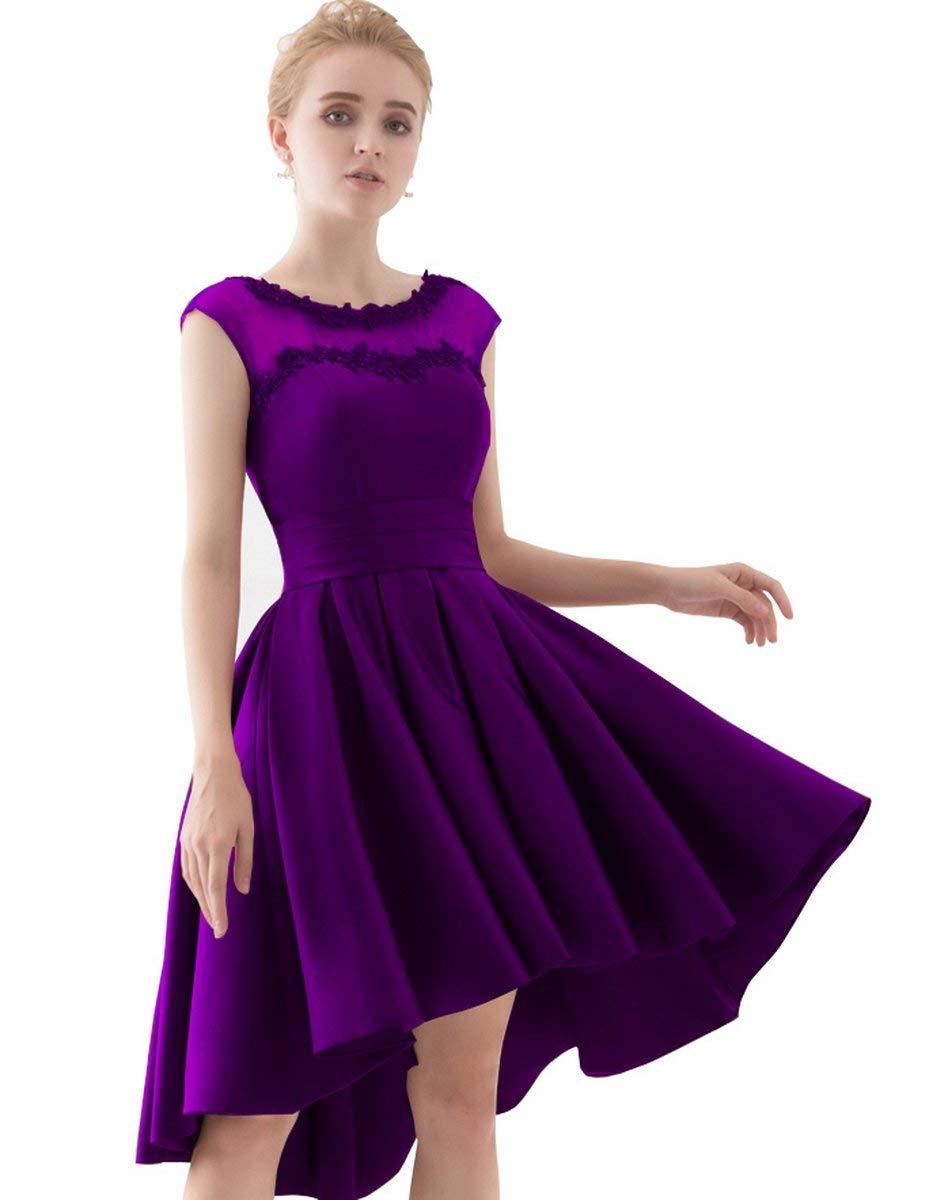 Women's High Low Cap Sleeves A-line Homecoming Dress Short Satin Lace ...