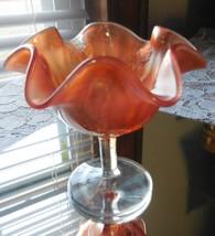 Vintage Jeanette Stemmed Ruffled Amber Iridescent Carnival Glass Small Dish - $23.92