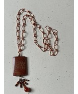 Estate Solid Copper Open Link Chain w Faux Brown Mottled Rectangle Stone... - $19.45