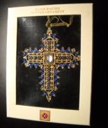 Dillard&#39;s Trimmings Christmas Ornament Handcrafted Pewter Cross Blue Gold - $13.99