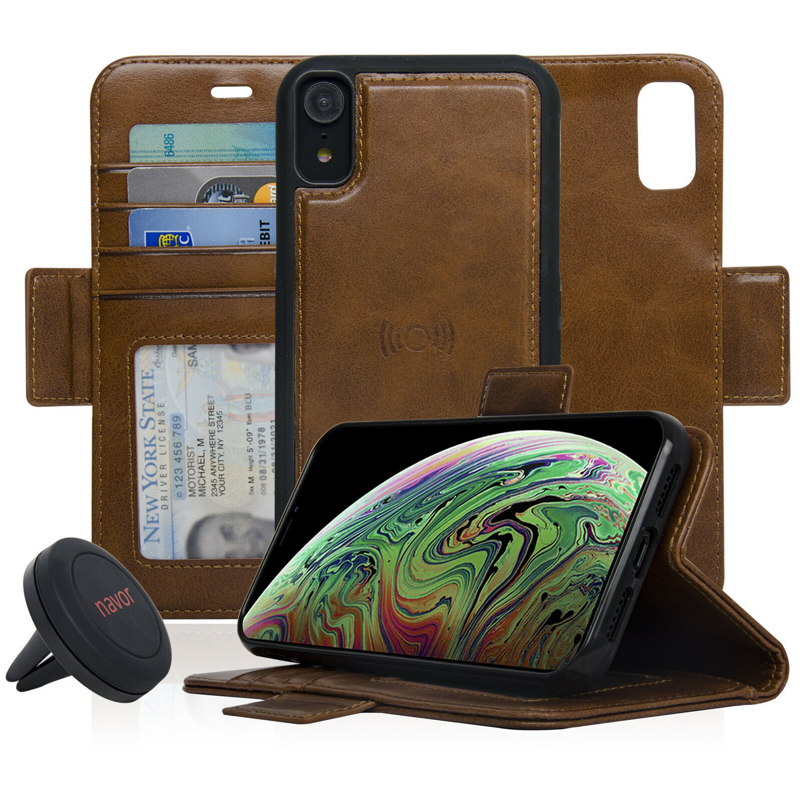 Navor Car Mount and Magnetic Detachable Wallet Case for iPhone XR-6.1