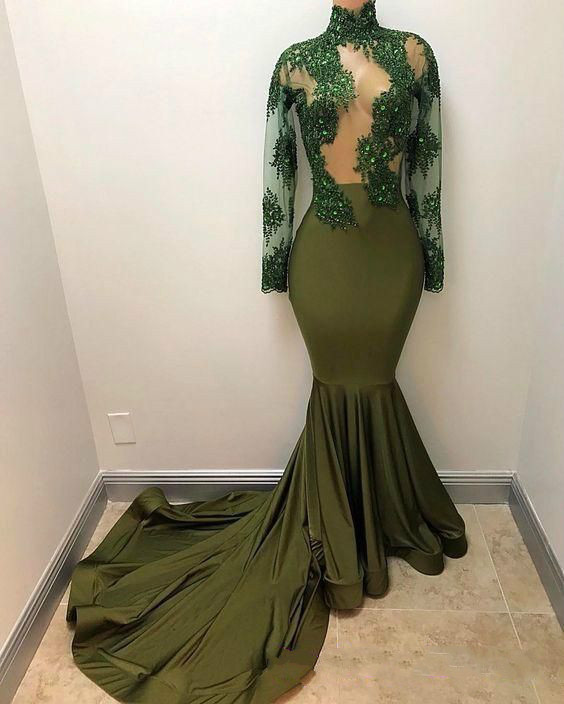 Mermaid Green Chiffon Prom Dress Long Sleeves Lace Appliques Women Evening Dress