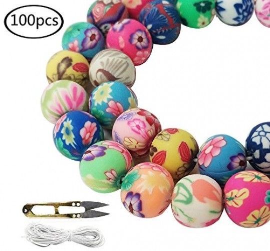 WXBOOM 100pcs Assorted Handmade Colorful Pattern Beads Fimo Polymer Clay Round