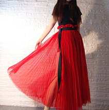 Pleated Tulle Midi Skirt Outfit Women Red High Waisted Pleated Tulle Skirt  image 6