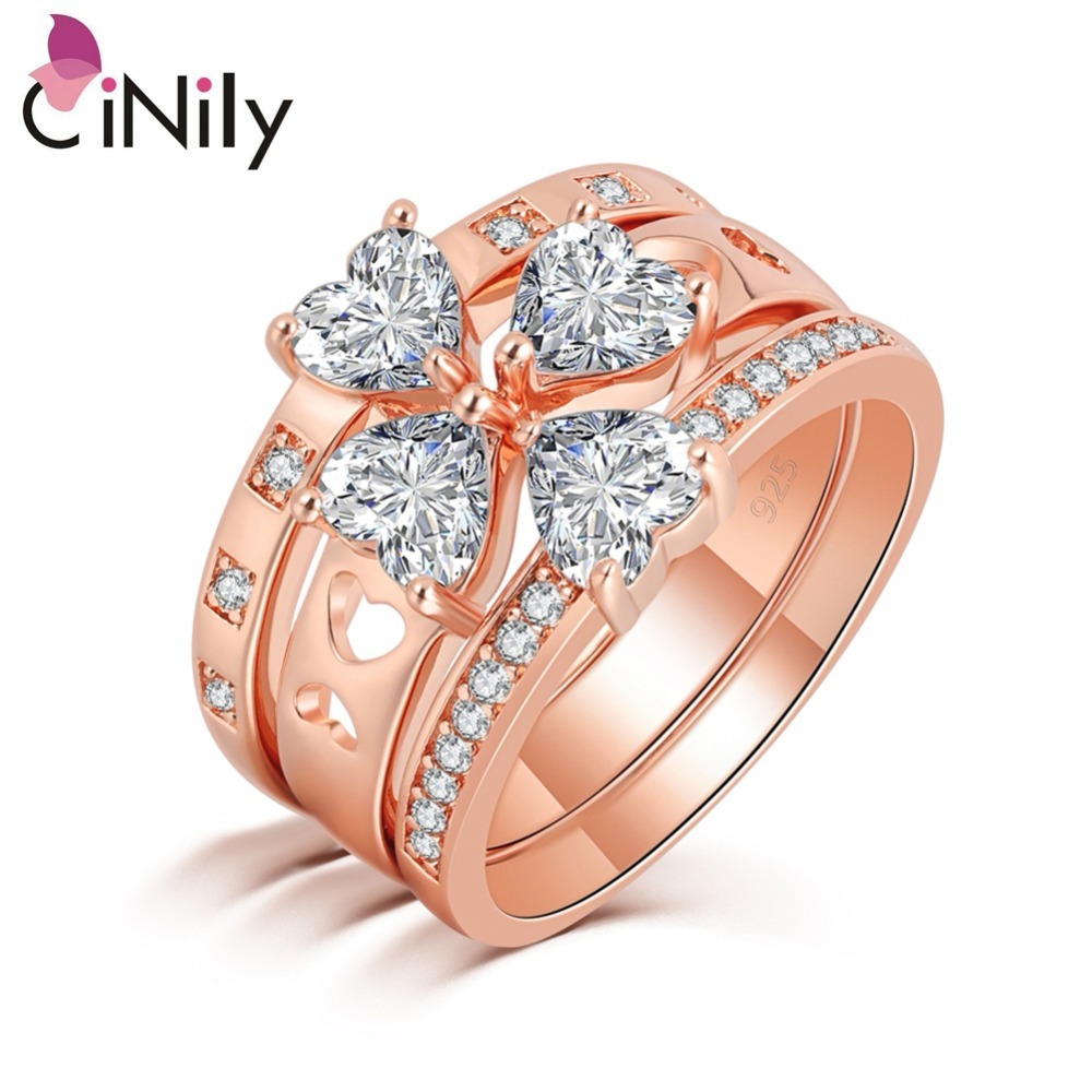 3 in 1 Rose Gold Color LOVE Large Rings Clear Zirconia CZ Crystal Heart Stone En