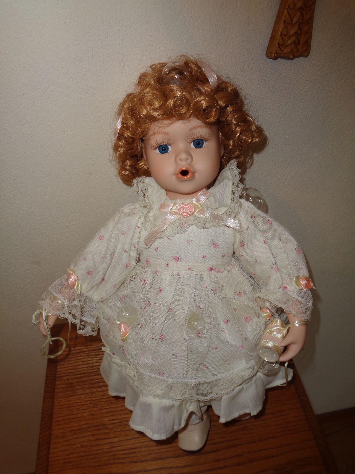 Blowing Bubbles Porcelain Doll With Wand & Bubbles And Seat To Sit On 