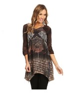 Women&#39;s Brown Patchwork Tunic Top with V-Neck   - $44.99