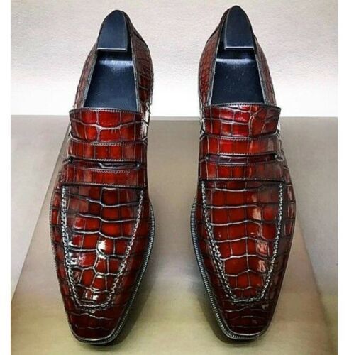 Primary image for Handmade Men's Maroon Leather Crocodile Texture Slip Ons Loafer Shoes