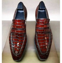 Handmade Men's Maroon Leather Crocodile Texture Slip Ons Loafer Shoes image 1
