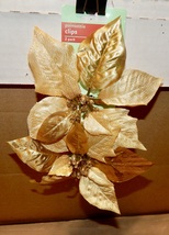 Poinsettia Flowers On Clips Golden 2 Each 7&quot; x 5&quot; Rite Aid NIB 229W - $3.69