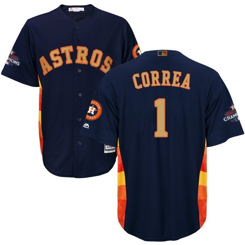 Youth Houston Astros 1 Carlos Correa Jerseys Champions Gold Edition Navy Sewn on - Baseball-MLB