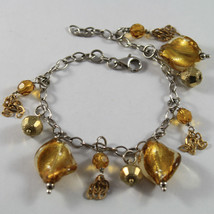 .925 RHODIUM SILVER BRACELET WITH GOLDEN SPHERE, YELLOW CRISTAL AND MURRINA - $44.24