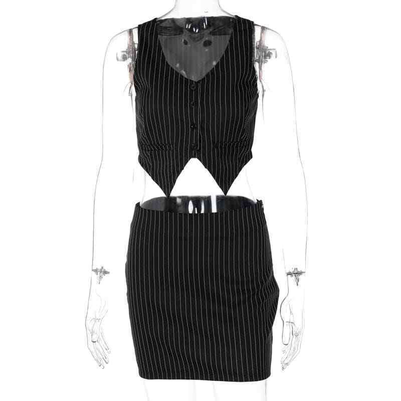 90s Vintage Pinstripe Button-Up Vest & Mini Skirt Set Y2K Aesthetic Style Goth