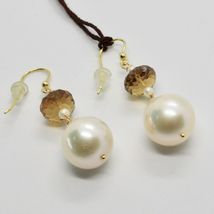 SOLID 18K YELLOW GOLD EARRINGS WITH WHITE PEARL AND BEER QUARTZ MADE IN ITALY image 6