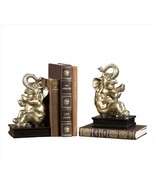 Sitting Elephant Bookends Golden Set of 2 Trunk Up 9&quot; High Poly Stone Books - $49.49
