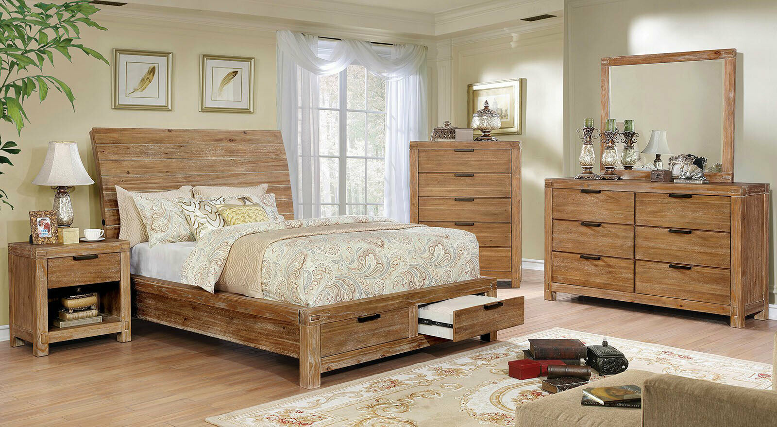 NEW Farmhouse Cottage Natural Brown 5 piece Bedroom Set w ...