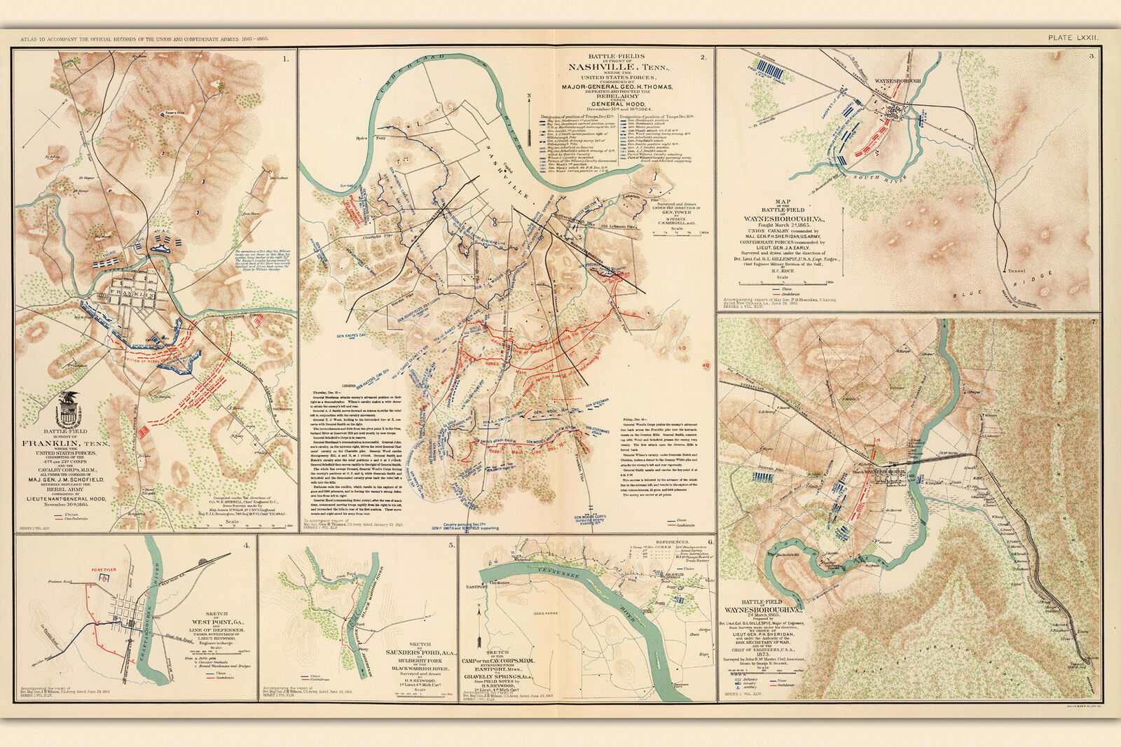 Nashville & Franklin TN Civil War Battlefields; Antique Map, 1865