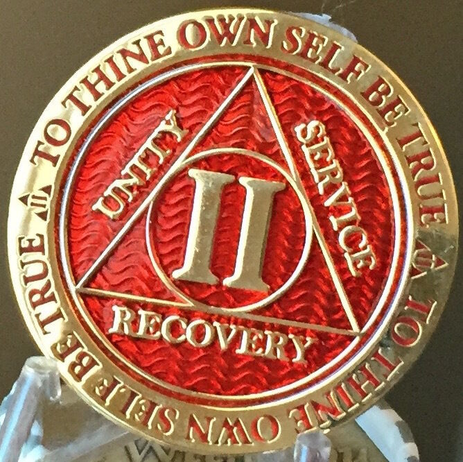 2 Year AA Medallion Red Gold Plated Alcoholics Anonymous Sobriety Chip Coin Two