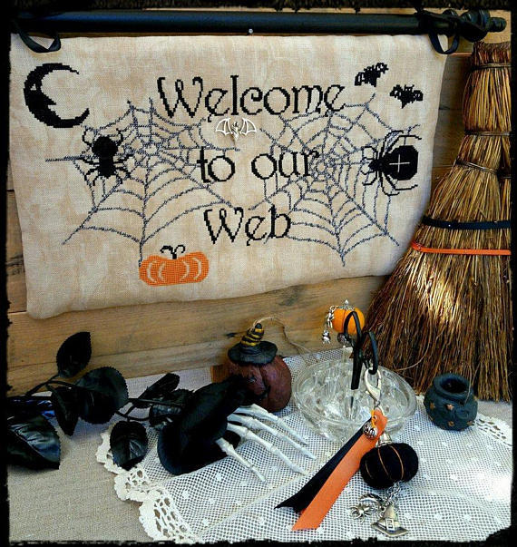 R-100 Welcome To Our Web halloween chart + charm cross stitch chart Rovaris   - $12.00